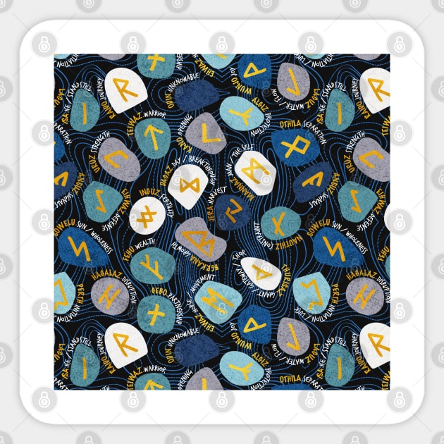 Mystical Viking Runes // pattern // black background blue grey and teal stones golden letters of the runic alphabet Sticker by SelmaCardoso